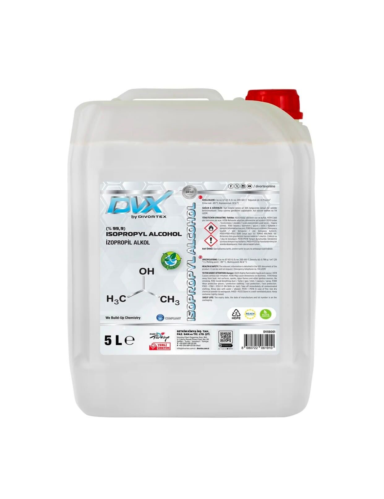 Divortex Ipa Izopropil Alkol C3H70H (% 99.9 Saflık) 5 lt. 3.94 kg