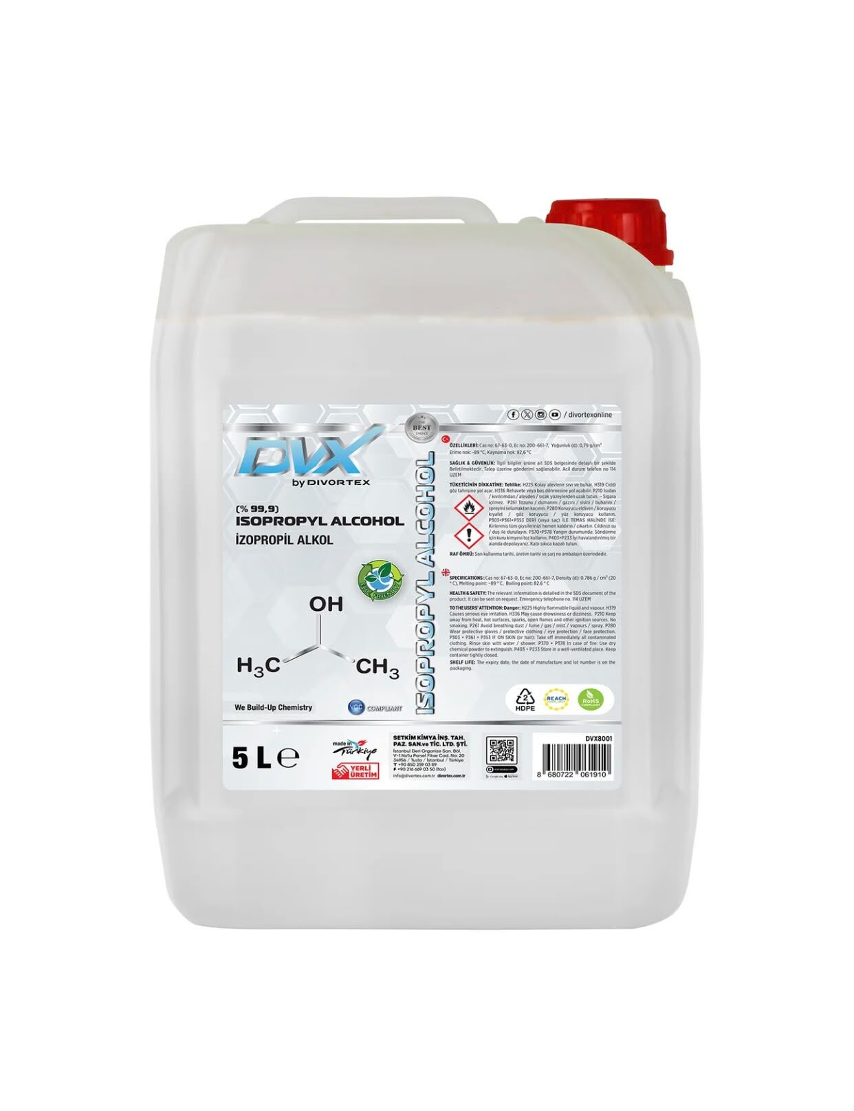 Divortex Ipa Izopropil Alkol C3H70H (% 99.9 Saflık) 5 lt. 3.94 kg